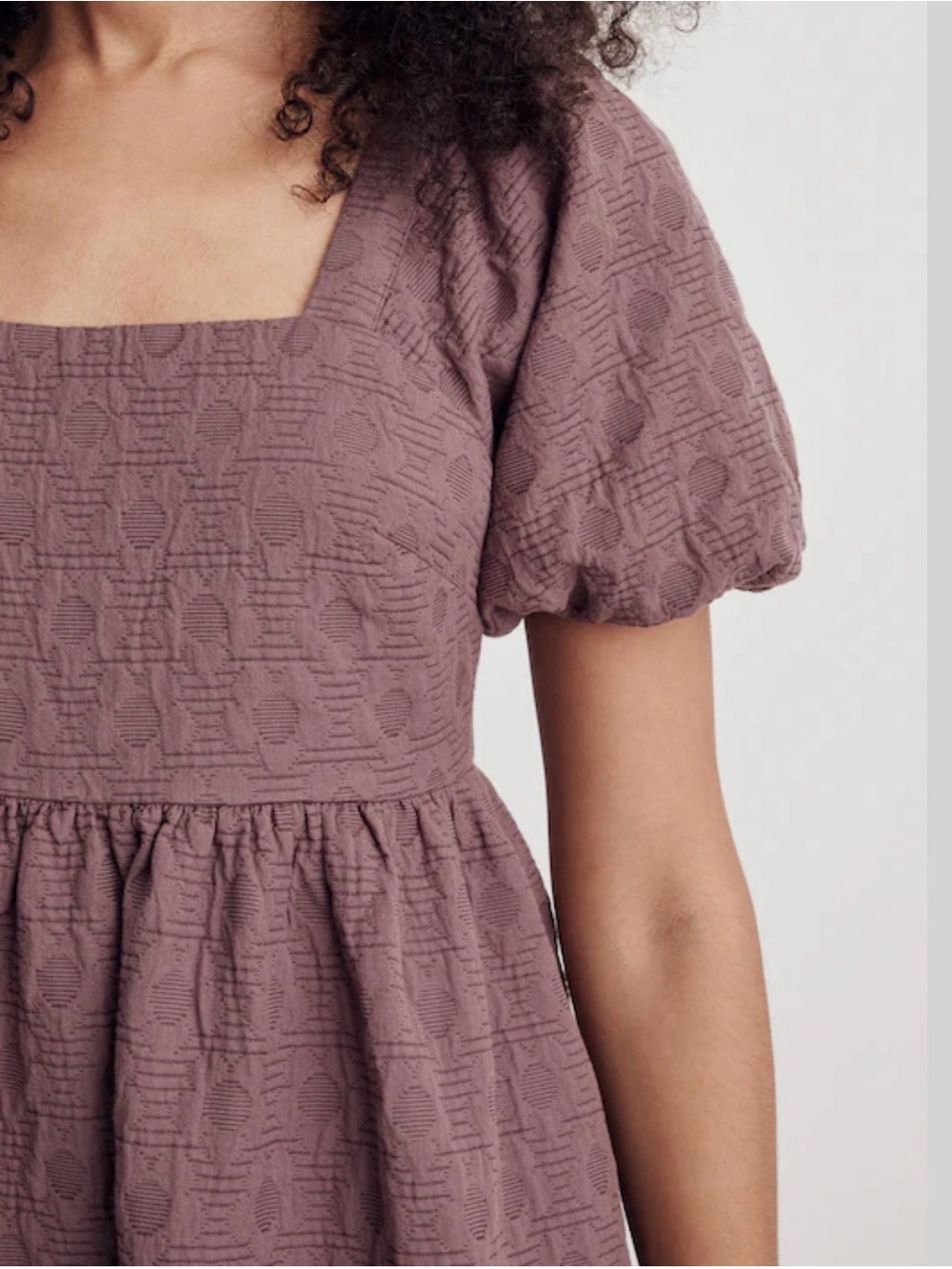 Madewell Mauve Floral Quilted Puff-Sleeve Square-Neck Mini Dress‎ - Picture 3 of 11